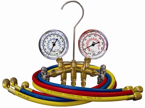 35636-MG Mastercool 2-Way Brass Manifold Gauge Set R12 R22 R502 3-92Cm Hoses With Auto Shut Off Valves 63mm W/ Gauge Protectors