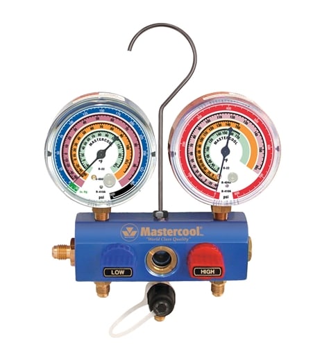 57461 Mastercool 3-Way Aluminum Manifold Gauge Set R410A 60" Hoses (3-1/4" RBY & 1 3/8" Black) 2 1/2"