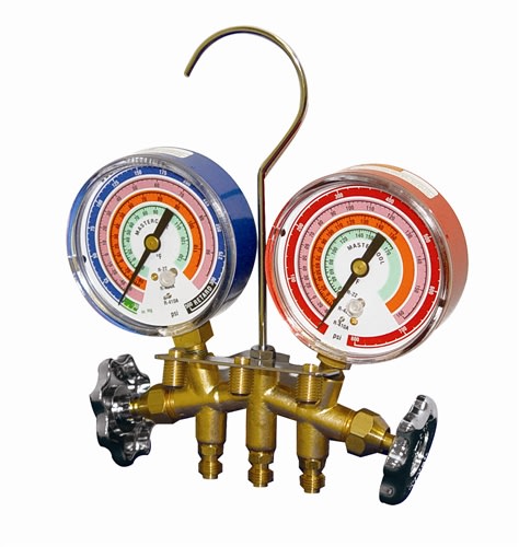 59272 Mastercool 2-Way Brass Manifold Gauge Set R410A 72" (183cm) Ball Valve Hoses 3 1/8"