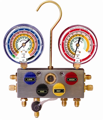 86461-G Mastercool R134A 4-Way Aluminum Manifold Gauge Set W/4-60" Hoses W/E-Z Snap Couplers 3 1/8" W/ Gauge Protectors