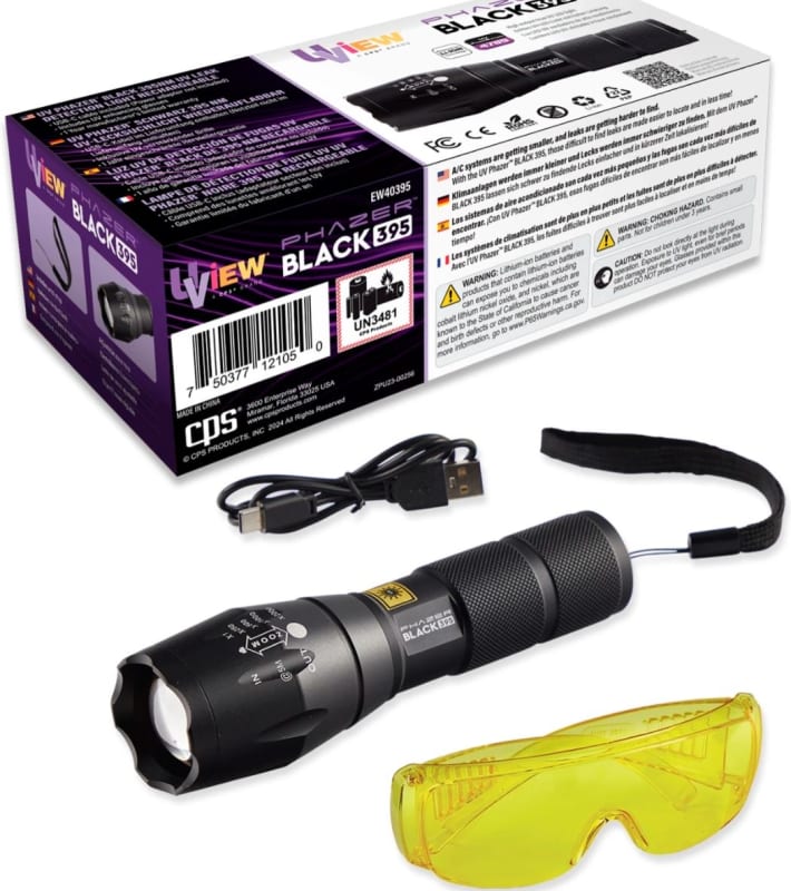 EW40395 UView UV Phazer Black 395 Rechargeable Focusing Light with UV Enhancing Glasses Lithium Ion Battery & Charger