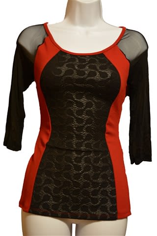 Red and Black Lady's Shear Sleeve Top - Large
