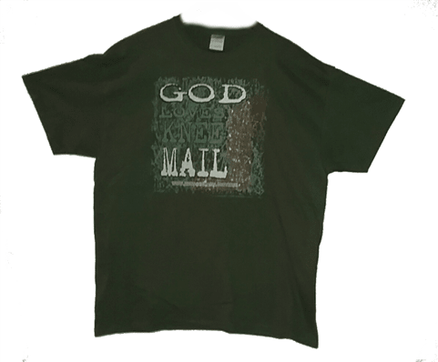 God Loves Knee Mail men's cotton tee.