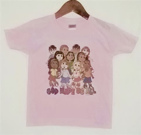 Cotton God Made Us All kid's tees in pink, orange, white, and blue