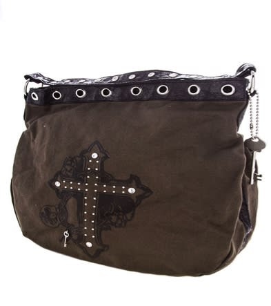 A brown massage bag with a stud design cross and Key