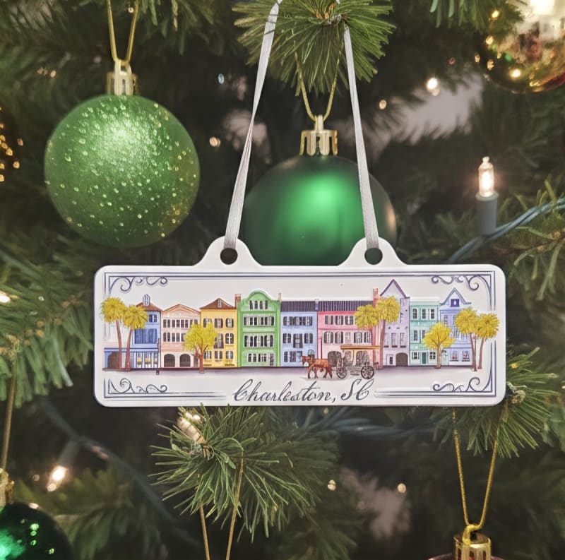 Rainbow Row Watercolor Metal Ornament
