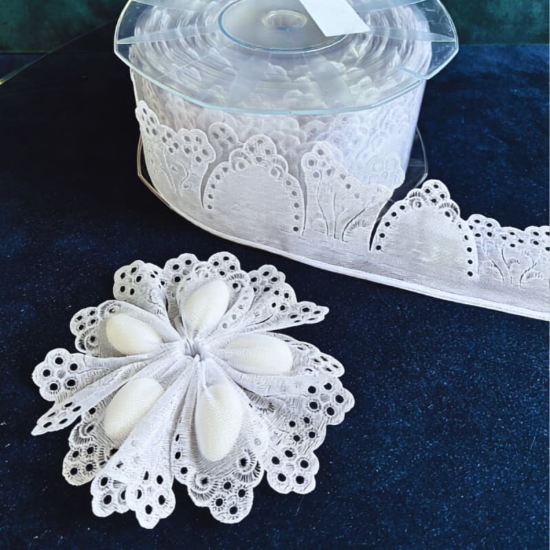 White Lacy Florence Confetti Flower Ribbon Roll for DIY Italian wedding favors with Jordan almonds