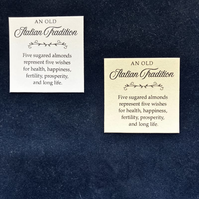 Meaning of Five Sugared Almonds small square card for favors in white or ivory.