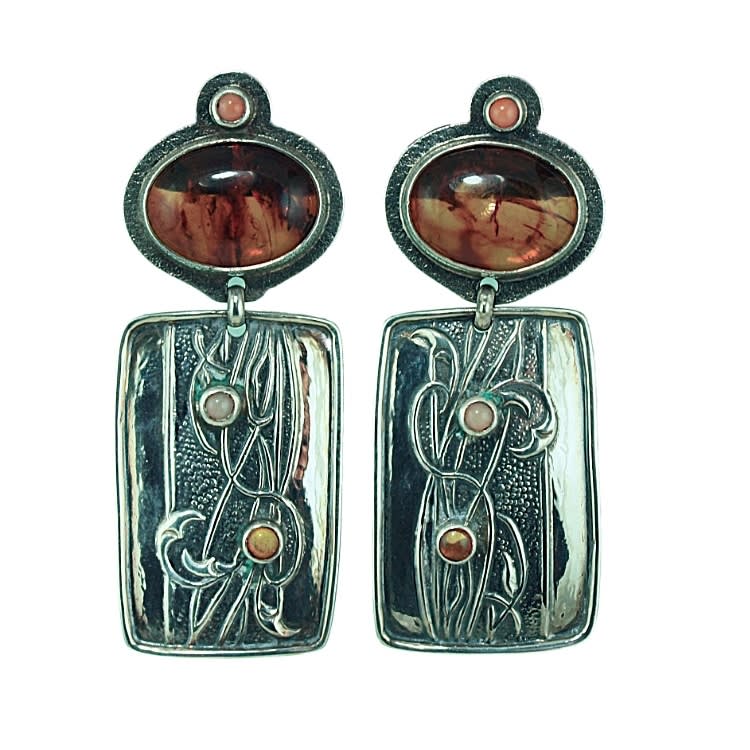 Tabra Sterling Silver Amber, Pink Coral Post Earrings