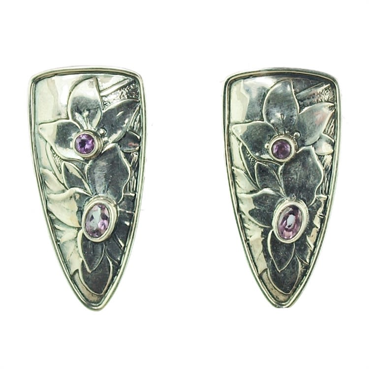 Tabra Sterling Silver Faceted Amethyst, Floral Embossed Triangle Earrings