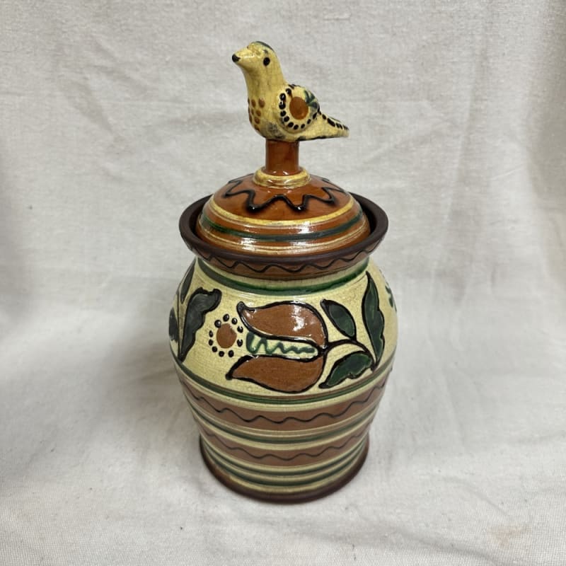 Wood Fired Tulip Jar with Whimsey Bird Lid $255