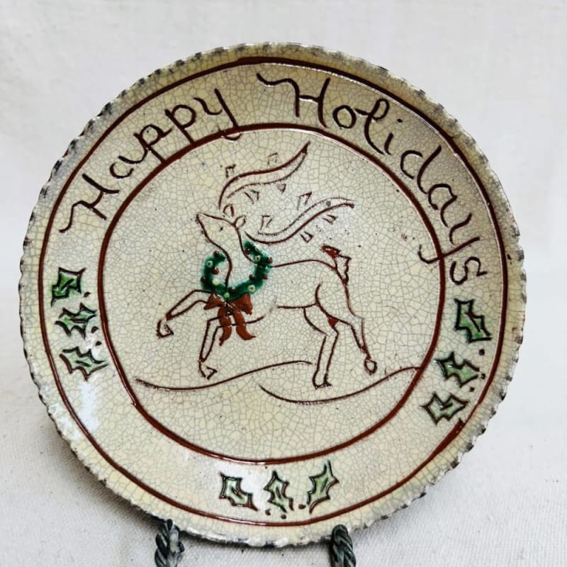 Happy Holiday Plate with Sgraffito Deer $55