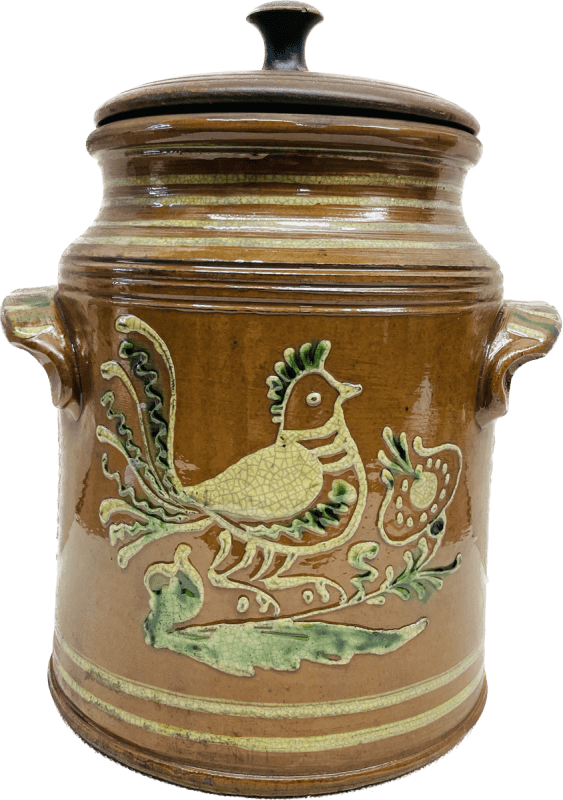 Wood Fired Double Handled Bird on Flower Jar with Wooden Lid $300