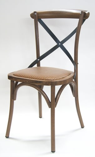 Cross Back Metal Dining Chair | Rustic Walnut Finish & Hemp Vinyl Seat