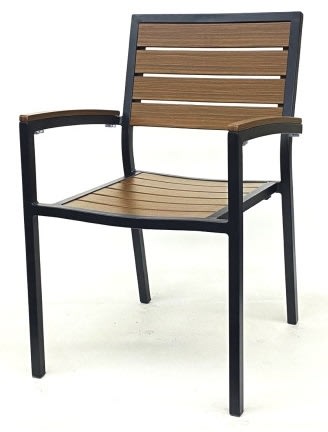 Teak  Arm Chair with Pecan  Aluminum Slats  Black Frame: Restaurant Patio Dining