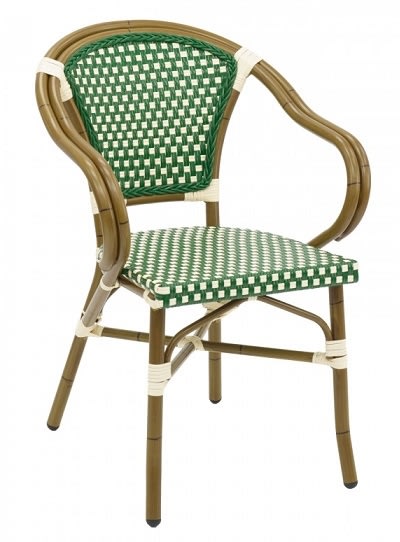 RATTAN BISTRO ALUM. ARM CHAIRS: GREEN/IVORY