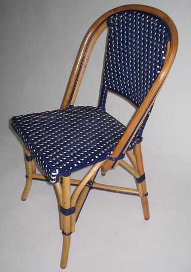 French Bistro Rattan Wood Chair, Navy/Ivory weave, navy leg bindings, and coat of marine wood varnish