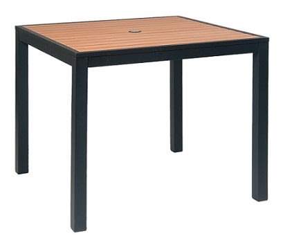 Teak Synthetic Slat Patio Table – 36"x36" | Black Aluminum Frame with Umbrella Hole | Commercial Outdoor Furniture Teak Synthetic Slat Patio Table – 36"x36" | Black Aluminum Frame with Umbrella Hole | Commercial Outdoor Furniture