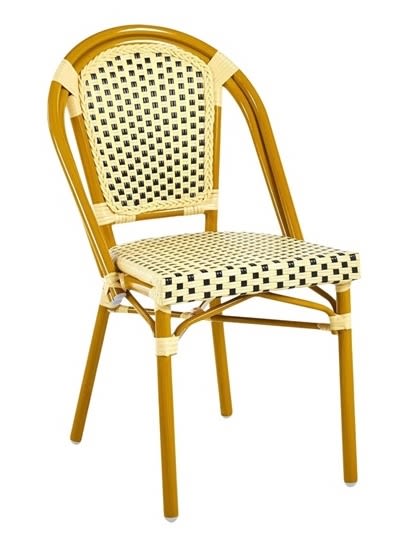 Rattan Aluminum Restaurant Chair â€“ Yellow Frame, Cream & Black Woven Seat