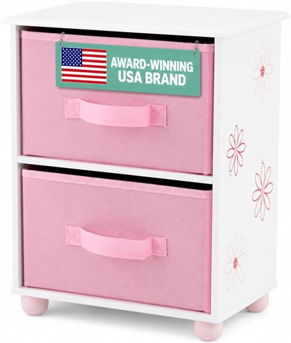 18 Inch Doll Dresser - Furniture for Dolls – Floral Collection | Wooden MDF, 2 Large Fabric Storage Bins, Fits American Girl Dolls