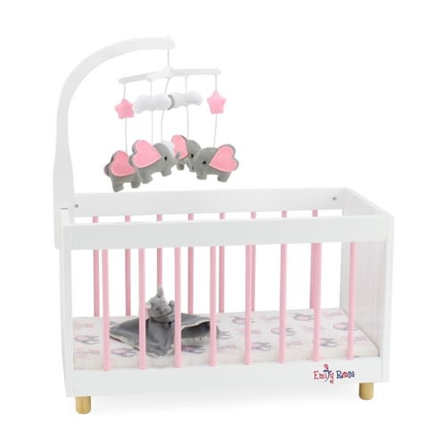18-Inch Doll Furniture Wooden Doll Bed Crib with Elephant Lovey