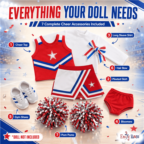 photo of 18-inch Doll Clothes - Cheerleader Outfit with Pom Poms and Gym Shoes - fits American Girl ® Dolls photo of 18-inch Doll Clothes - Cheerleader Outfit with Pom Poms and Gym Shoes - fits American Girl ® Dolls