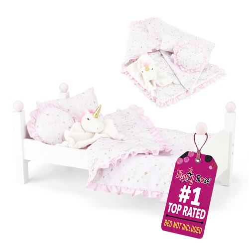 18" Doll Unicorn Bedding Set – 5 Piece Reversible Unicorn Theme Doll Bedding with Pink Ruffles + Unicorn Lovey – Fits American Girl Dolls, Bunks, Cradles & Cribs