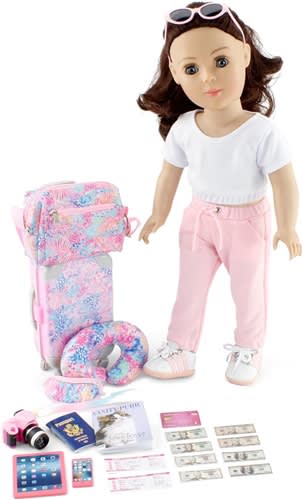 18 Inch Doll Travel Essentials Playset – 24 Piece 18" Doll Clothes & Accessories Set with Outfit, Shoes, Suitcase, Passport, Money, Cell Phone, Tablet, Camera, Tote Bag & More