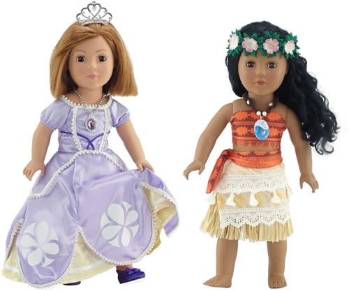 18-inch Doll Clothes 10-PC Halloween Costume Bundle Value Set | Island Princess Playset & Lavender Dress Ball Gown with Crown, Necklace and Shoes | USA Business