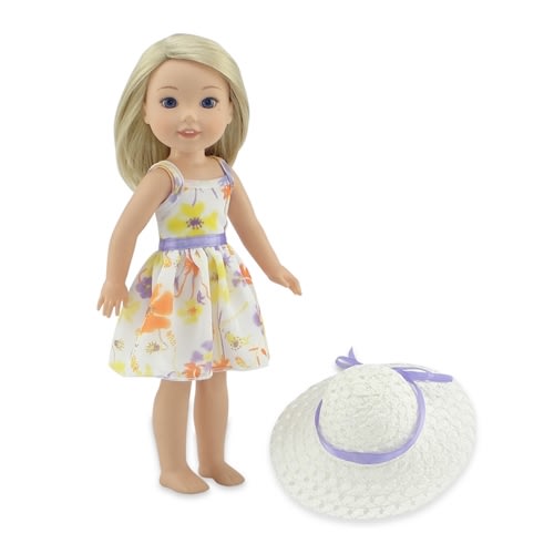 14 Inch Doll Clothes - Yellow Flowered Party Dress with White Hat - fits Wellie Wishers ® Dolls