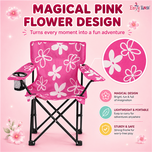 Emily Rose pink kids folding beach camp chair with floral design, cup holder, safety lock, and carry case for toddlers ages 2-7 Emily Rose pink kids folding beach camp chair with floral design, cup holder, safety lock, and carry case for toddlers ages 2-7