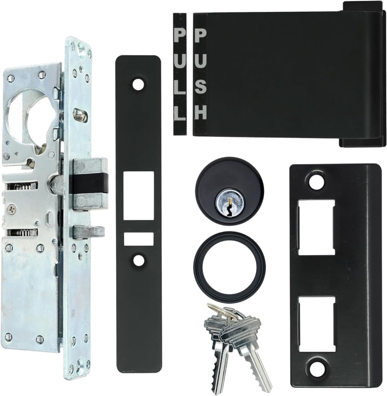 Aldora Left Hand Commercial Door Deadlatch Lock Kit, 1-1/8 in. Backset, Includes Outside Mortise Key Cylinder and Inside Push To Exit Paddle Handle, Dark Bronze Finish