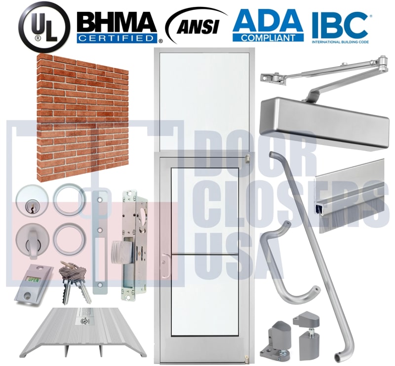 Alumitrex 39-1/2" x 121-3/4" Storefront Glass Entrance System - Exterior Brick Wall, Door with Transom, Made in USA