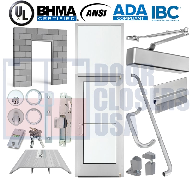 Alumitrex 39-1/2" x 121-3/4" Storefront Glass Entrance System - Exterior CMU/Block Wall, Door with Transom, Made in USA