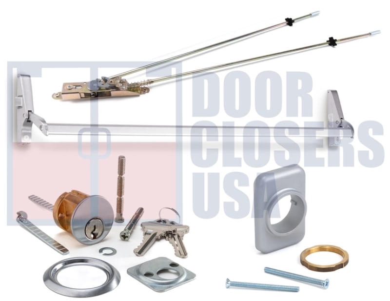 Calibre Door Closers 7085-2-48-LHR-AL Left Hand Reverse Concealed Vertical Rod Panic Exit Device With Outside Cylinder and Mounting Pad, Aluminum Finish