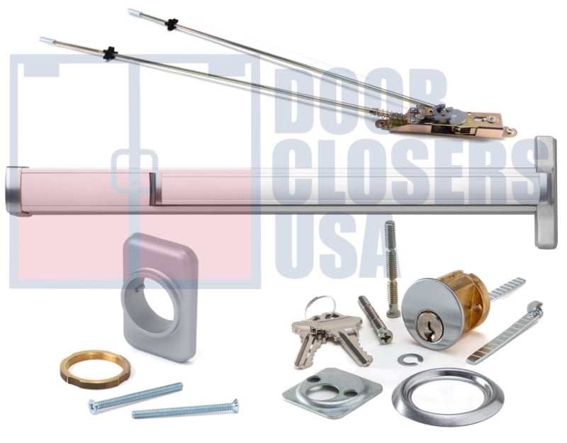 Calibre Door Closers 9100-2-36-RHR-AL Right Hand Reverse Concealed Vertical Rod Panic Exit Device With Outside Cylinder and Mounting Pad For 36 in. x 84 in. Door, Aluminum Finish