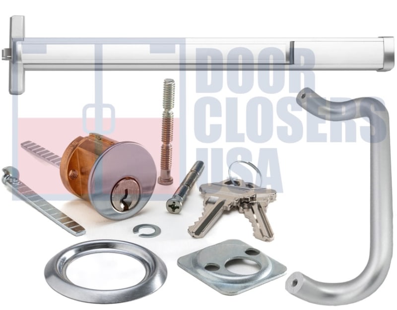 Calibre Door Closers 9300-4-36-LHR-AL Left Hand Reverse Rim Panic Exit Device With Offset Pull Handle and Rim Cylinder, For 36 in. Door, Aluminum Finish