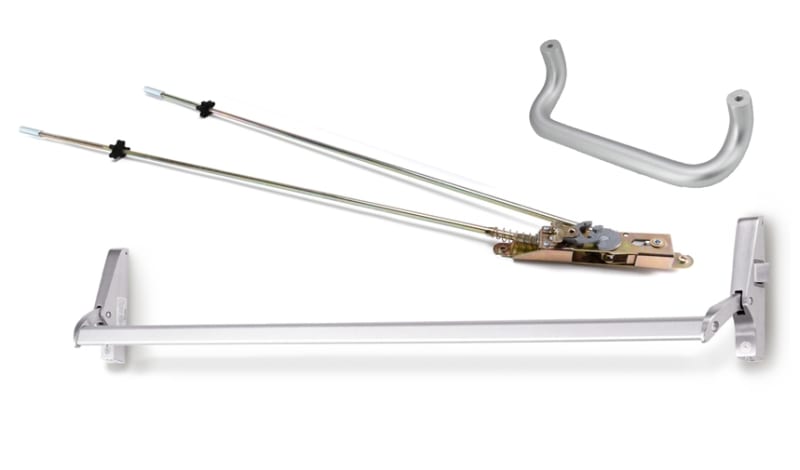 Calibre Right Hand Reverse Concealed Vertical Rod Cross Bar Panic Hardware Assembly, With 9 in. Center To Center Pull Handle, For 36 in. to 48 in. Wide x 84 in. Tall Doors, Aluminum Finish