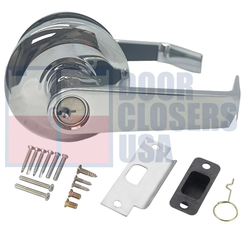 Cal-Royal Grade 2 Commercial Cylindrical Lockset, Entrance Function, 3-5/16 in. Flat Rose Trim, Key Cylinder On Outside, Push/Turn Button On Inside, 6 Pin Schlage C Keyway Cylinder, US26 Polished Chrome Finish