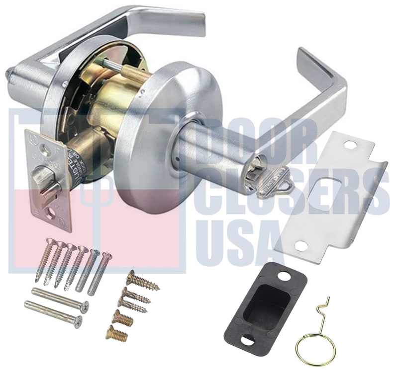 Cal-Royal Grade 2 Commercial Cylindrical Lockset, Entrance Function, 3-5/16 in. Flat Rose Trim, Key Cylinder On Outside, Push/Turn Button On Inside, 6 Pin Schlage C Keyway Cylinder, US26D Satin Chrome Finish