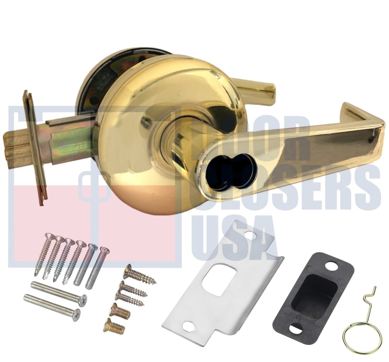 Cal-Royal Grade 2 Commercial Cylindrical Lockset, Entrance Function, 3-5/16 in. Flat Rose Trim, Key Cylinder On Outside, Push/Turn Button On Inside, SFIC Prep (Cylinder Not Included), US3 Bright Brass Finish