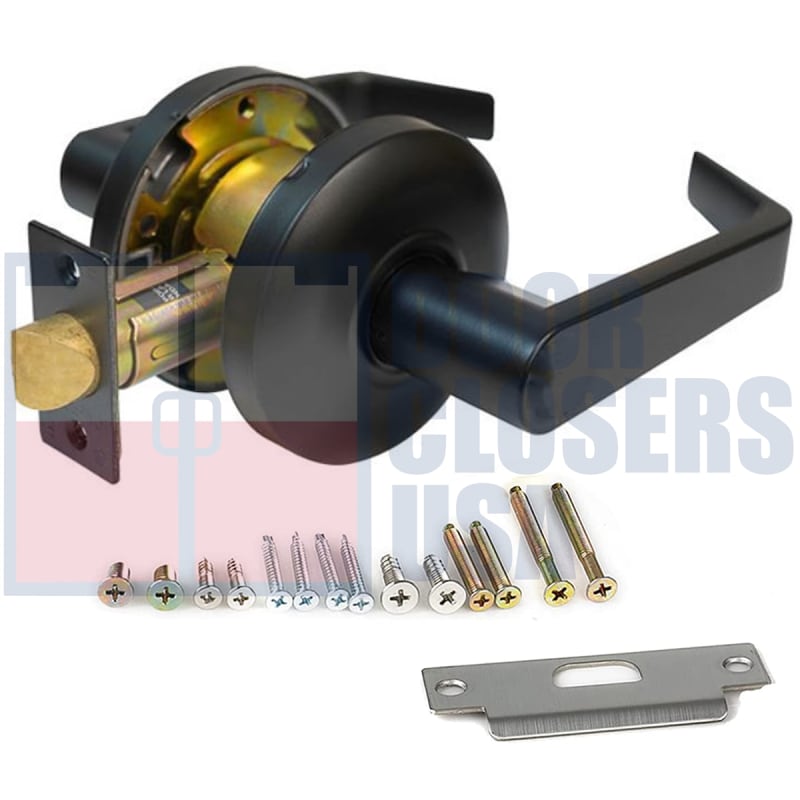 Cal-Royal Grade 2 Commercial Cylindrical Lever Handle Set, Passage Function (Always Unlocked), 3-5/16 in. Rose Trim, Plain Lever On Outside, Plain Lever On Inside, US1 Flat Black Finish