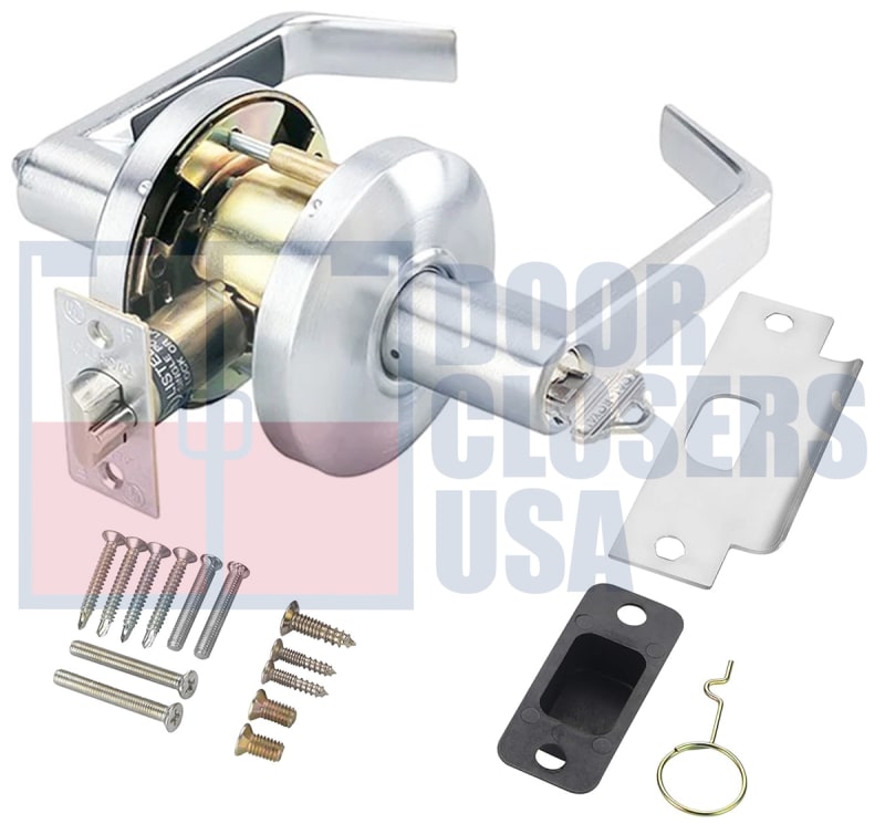 Cal-Royal Pioneer Series SL00-US15 Grade 2 Commercial Cylindrical Leverset, Entrance Function, Key Cylinder On Outside, Push/Turn Button On Inside, 6 Pin Schlage C Keyway Cylinder, US15 Satin Nickel Finish