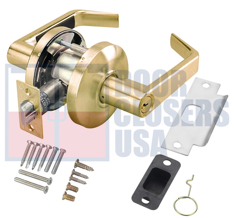 Cal-Royal Pioneer Series SL05-US4 Grade 2 Commercial Cylindrical Leverset, Storeroom Function, Key Cylinder On Outside, Plain Lever On Inside, 6 Pin Schlage C Keyway Cylinder, US4 Satin Brass Finish