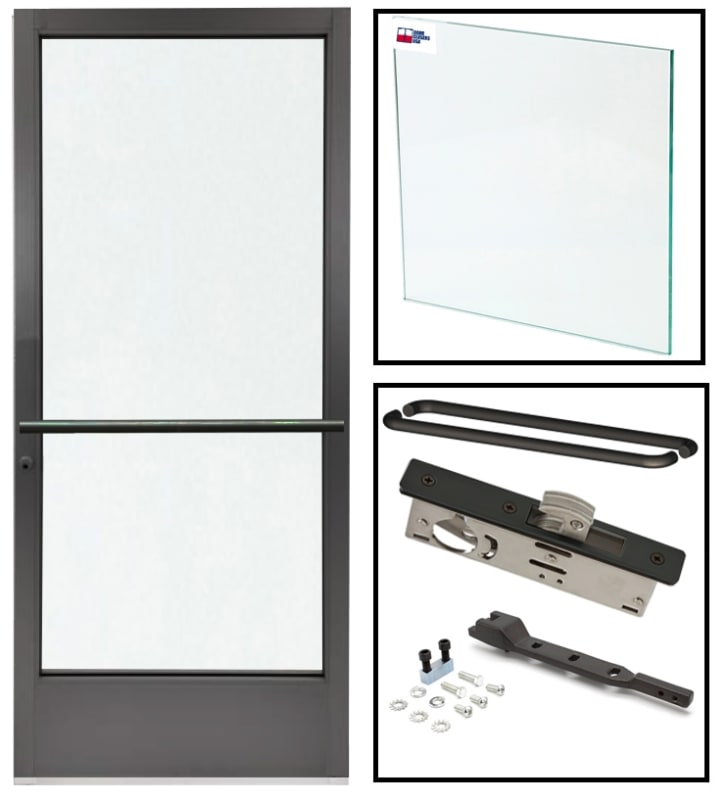 Double Acting Center Hung Storefront Glass Door Replacement, 35-3/4 in. x 83-3/16 in. x 1-3/4 in. Left Hand, End Load Concealed Arm, Deadbolt, Back To Back Push Bars, Dark Bronze Anodized Finish, Glass Not Included