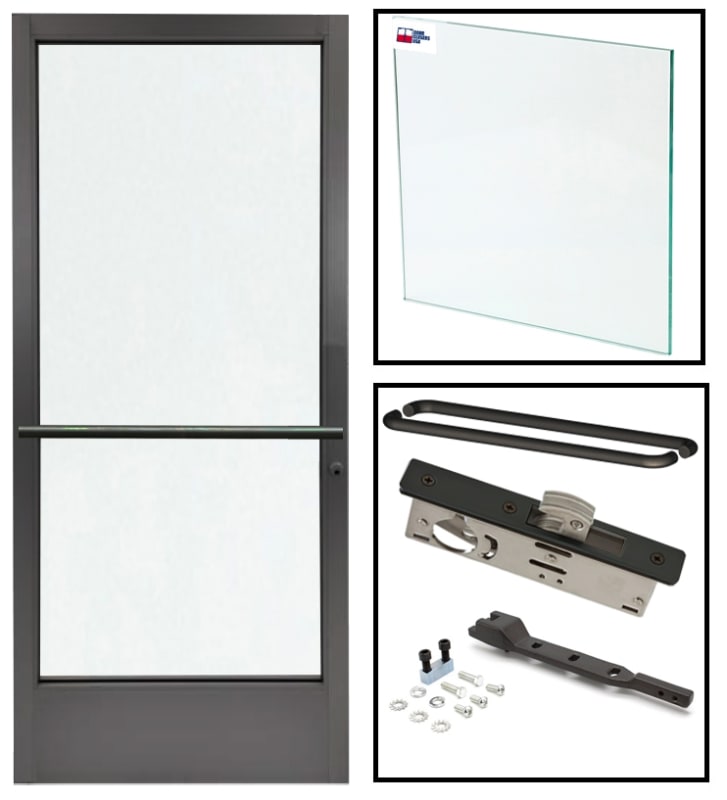 Double Acting Center Hung Storefront Glass Door Replacement, 35-3/4 in. x 83-3/16 in. x 1-3/4 in. Right Hand, End Load Concealed Arm, Deadbolt, Back To Back Push Bars, Dark Bronze Anodized Finish, Glass Not Included