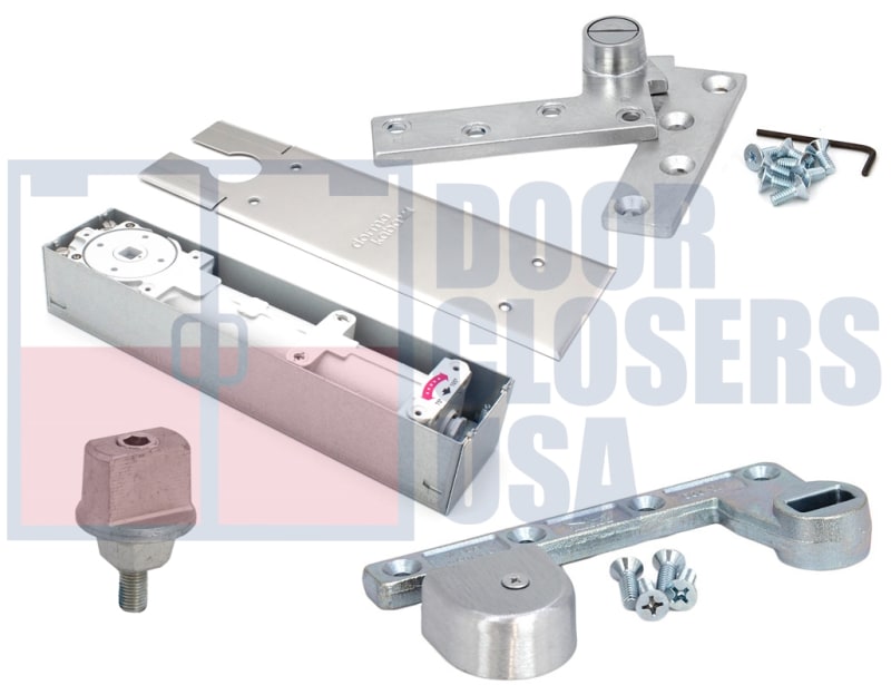 Dorma 3-1/8 in. Width x 13-7/16 in. Length x 2-3/8 in. Height Right Hand Commercial ADA 8.5lb Floor Closer With 1/2 in. Spindle, Cement Case, Brushed Stainless Cover Plate, Satin Chrome 3/4 in. Offset Arm and Top Pivot