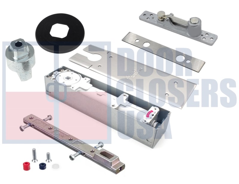 Dorma BTS80-G-3-80010-LH-630 Left Hand Center Hung Single Acting Commercial Concealed ADA 8.5lb Floor Closer Kit For Aluminum Door and Frame Includes Cement Case, 1/2 in. Spindle, Center Hung Bottom Arm, Walking Beam Pivot, Satin Stainless Steel Cover