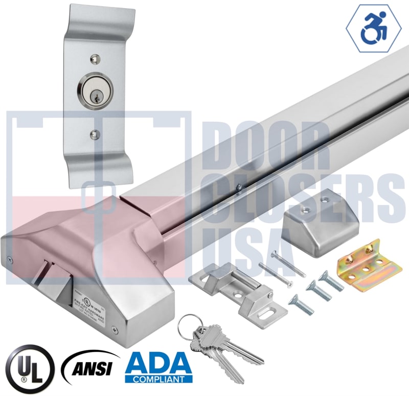 ES4 Rim Exit Device W/ Outside Pull Handle and Lock Cylinder - Fits 28" to 36" Medium Stile Hollow Metal or Wood Doors - Aluminum Finish - Schlage C Keyway, Dogging, 2-3/4" Backset, 5/8" Stainless Steel Latch - Grade 1, UL Listed ES4 Rim Exit Device W/ Outside Pull Handle and Lock Cylinder - Fits 28" to 36" Medium Stile Hollow Metal or Wood Doors - Aluminum Finish - Schlage C Keyway, Dogging, 2-3/4" Backset, 5/8" Stainless Steel Latch - Grade 1, UL Listed