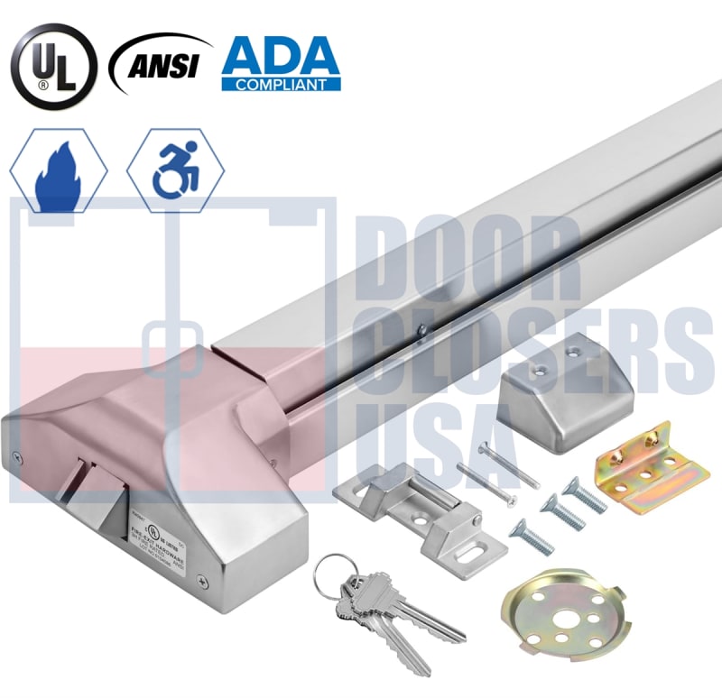 ES4 Rim Exit Device - Fire Rated - Fits 28" to 36" Medium Stile Hollow Metal or Wood Doors - Aluminum Finish - 2-3/4" Backset, 5/8" Stainless Steel Latch - Grade 1, UL Listed ES4 Rim Exit Device - Fire Rated - Fits 28" to 36" Medium Stile Hollow Metal or Wood Doors - Aluminum Finish - 2-3/4" Backset, 5/8" Stainless Steel Latch - Grade 1, UL Listed